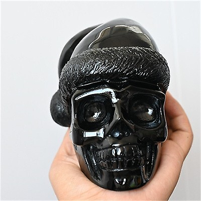 1.25kg Hand Carved Natural Obsidian Santa Hat Skull Reiki Crystal Skull decor Gi