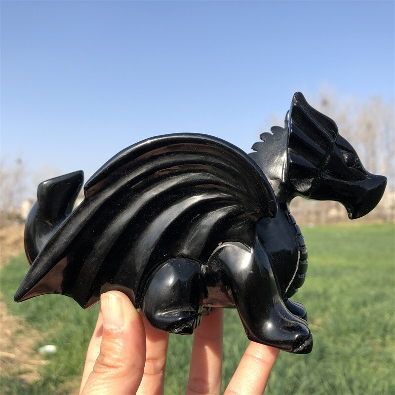 0.63kg Natural obsidian Quartz hand Carved Flying dragon crystal Reiki healing
