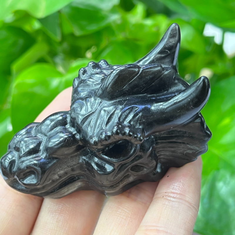 1pc Natural Silver obsidian Dragon hand Carved quartz crystal animal skull 2"+
