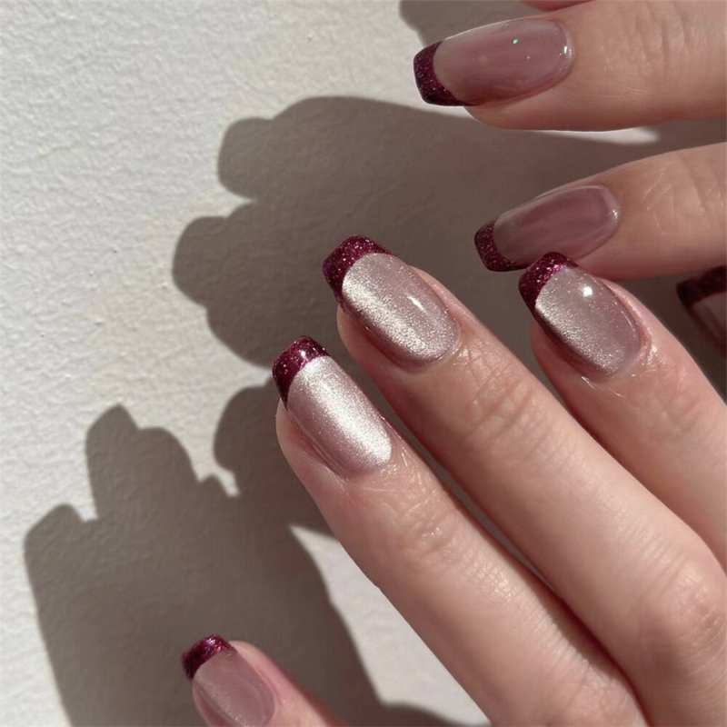 Square Short Press-On False Nail Nude Color Cat&apos;s Eye Red French Manicure 24pcs