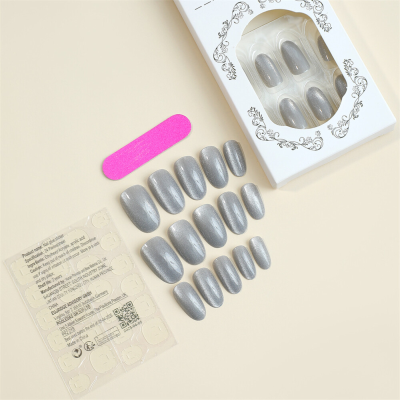 Ice Through Cat Eye Fake Nail Short Almond Press on Nails for Nail Art 24pcs