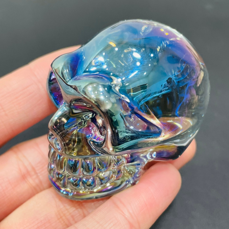 2" Rainbow Titanium melting Quartz Hand carved skull crystal reiki healing 1PC