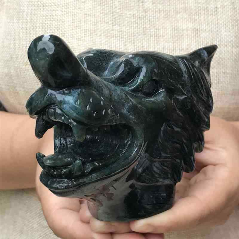 0.77kg Natural moss agate Wolf skull carved Quartz Crystal skull Healing