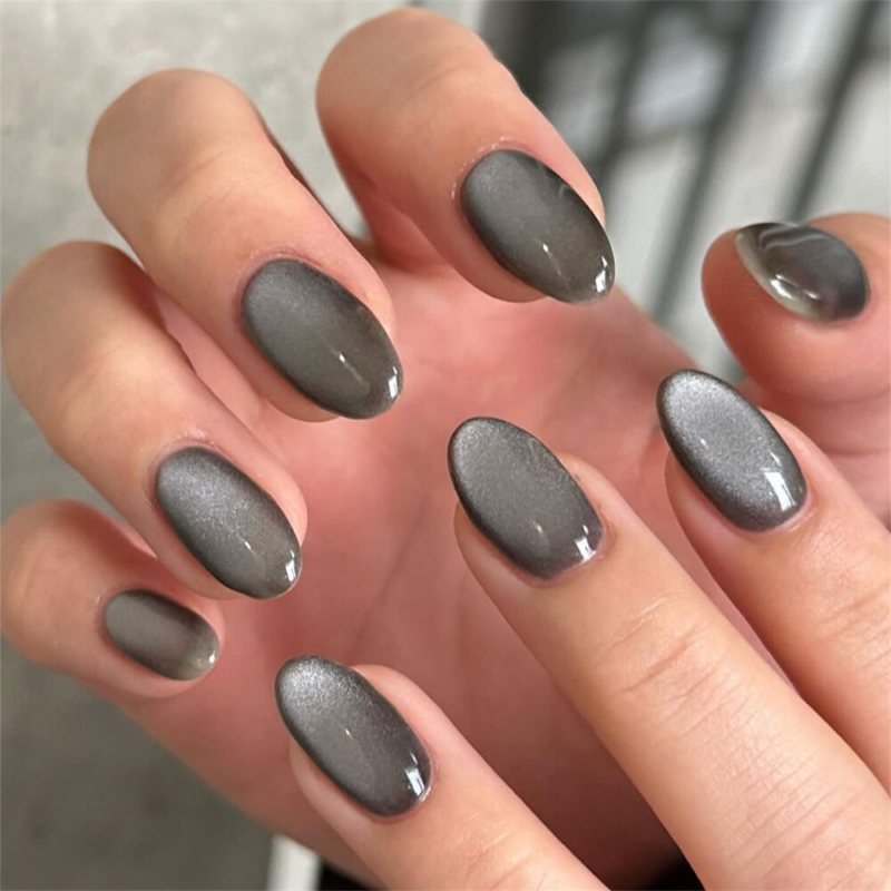 Ice Through Cat Eye Fake Nail Short Almond Press on Nails for Nail Art 24pcs