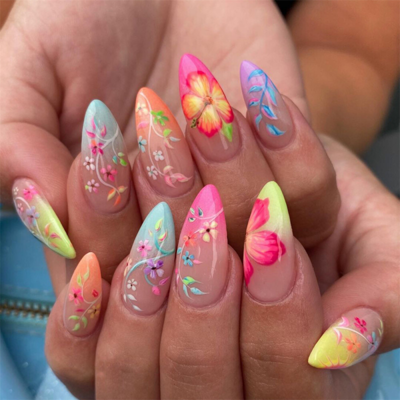 Colorful French Summer False Nail Short Almond Press on Nails for Nail Art 24pcs