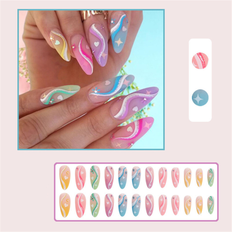 Colorful False Nail with Heart Short Almond Press on Nails for Nail Art 24pcs