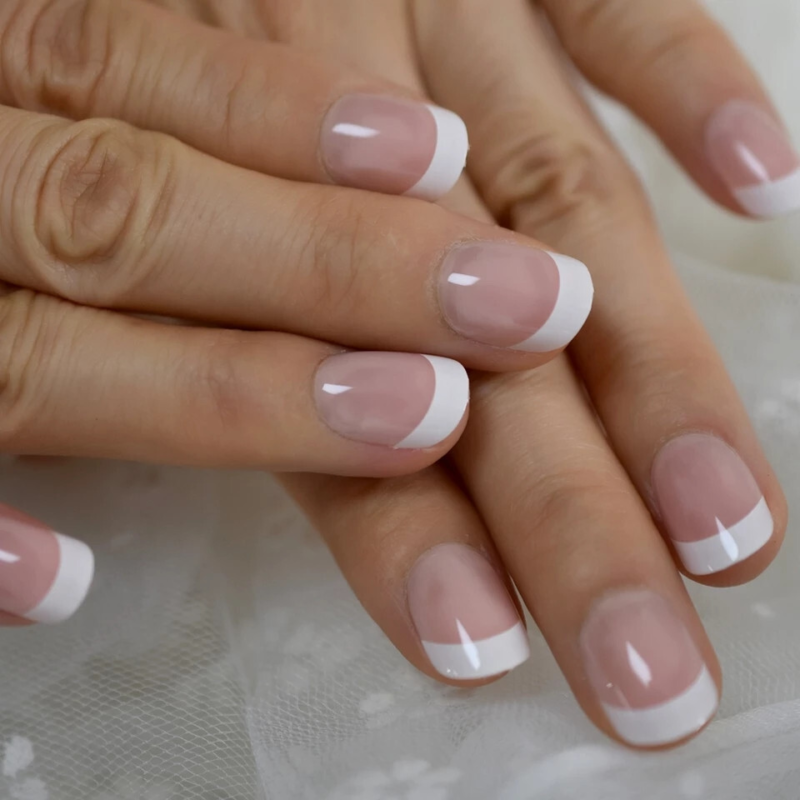 24 Short French pink nude Press on Nails Kit w glue rounded mani oval