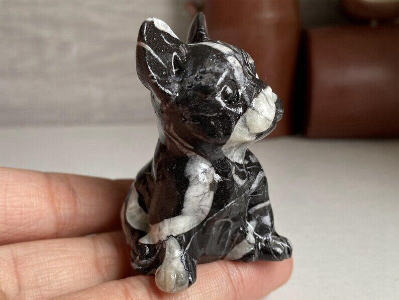Natural Quartz Crystal Carved Rough Stone French Bulldog Healing Animal Decor