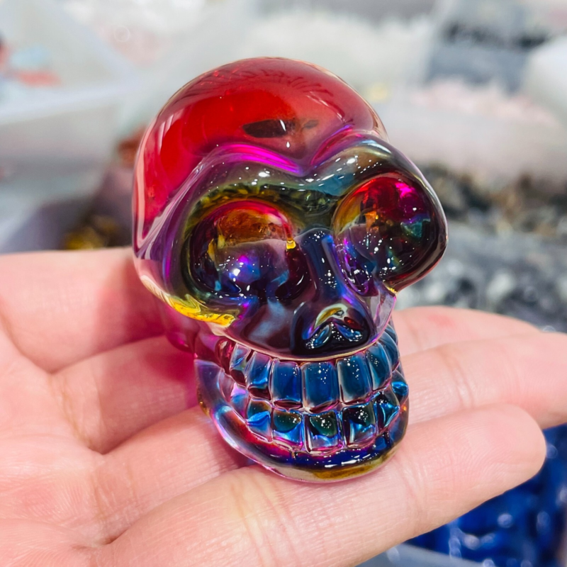 2" Rainbow Titanium melting Quartz Hand carved skull crystal reiki healing 1PC