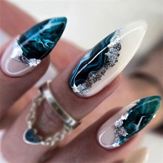 Blooming Sparkling False Nail Short Almond Press on Nails for Nail Art 24pcs