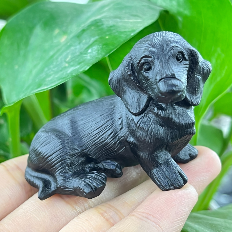 1pc Natural obsidian dachshund dog carved quartz crystal animal skull Reiki 2"
