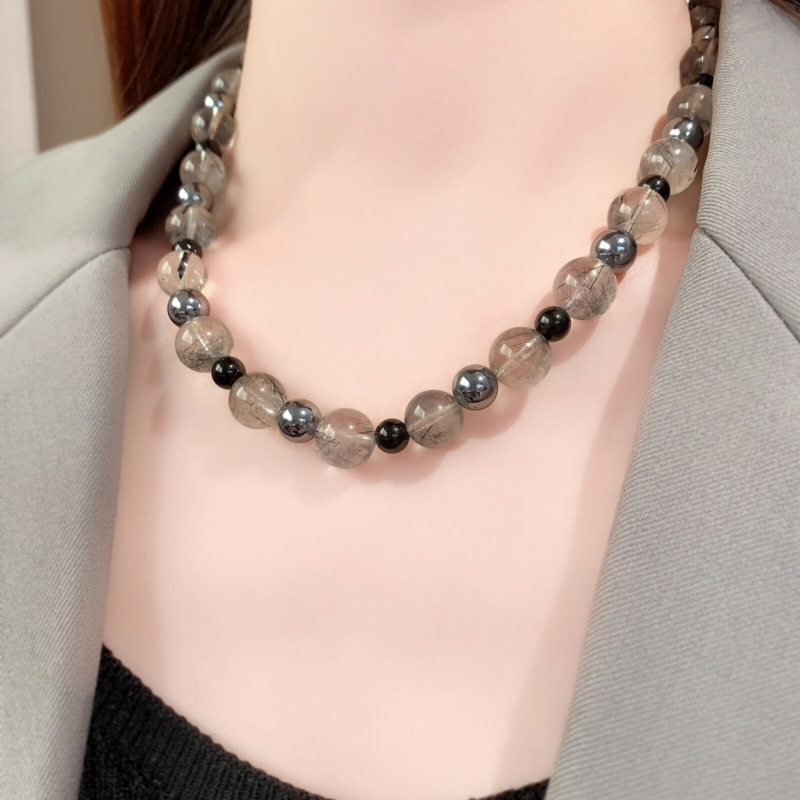 Natural Stone Healing Chakra Black Rutilated Quartz 10mm Crystal Choker Necklace