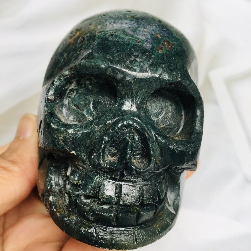 0.474kg moss agate skull home decoration product crystal
