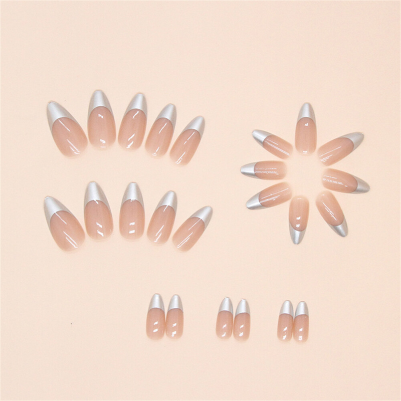 French Mirror Silver False Nail Short Almond Press on Nails for Nail Art 24pcs