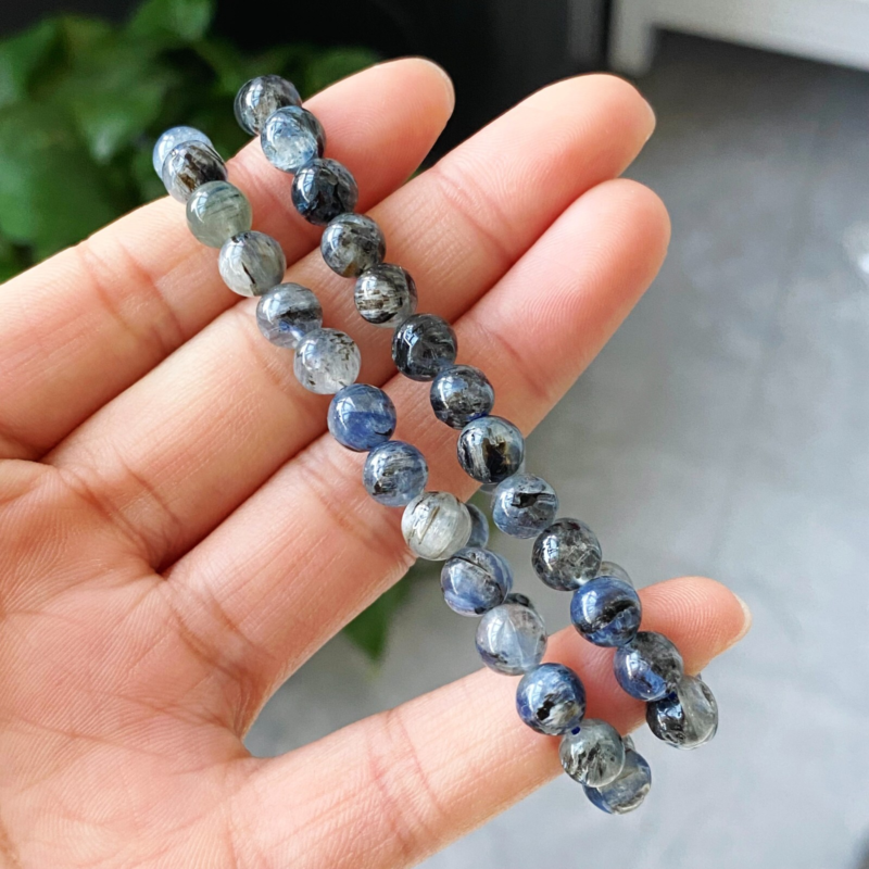 6mm 2pcs Natural Blue Kyanite Cat Eye Crystal Stretch Beads Bracelet AAA