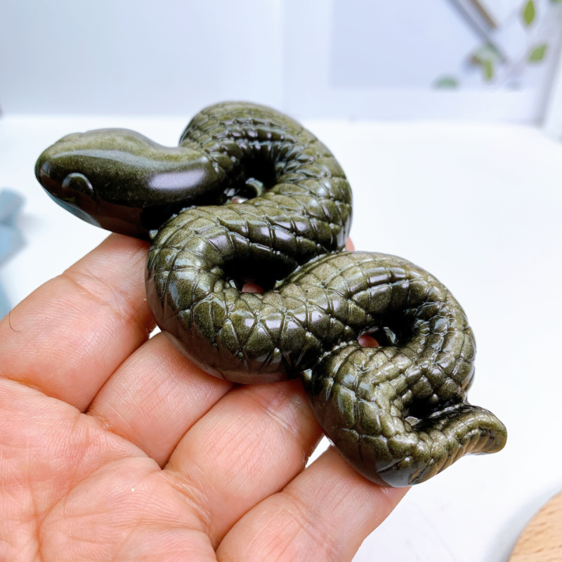 10.5cm Natural Quartz Golden Obsidian Snake Carving Animal Healing Crystal 1pc