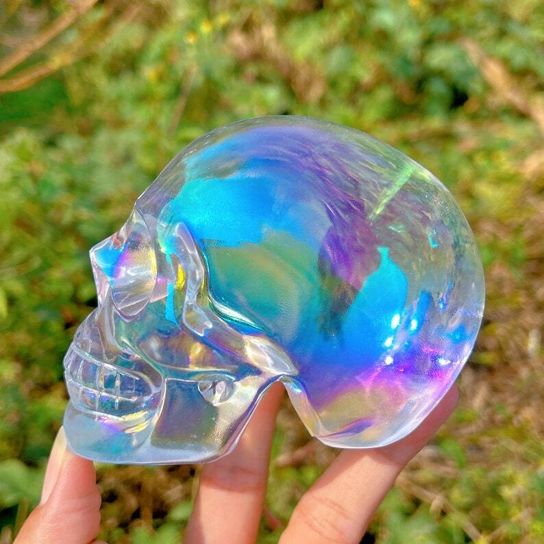 Titanium Rainbow Clear Melting stone Crystal Skull Reiki Heal Mineral Samples