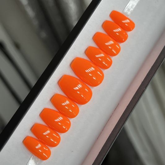 CUSTOM Gel Press On Nails, BLAZING ORANGE , ￼Ballerina short, 10p Set W KIT