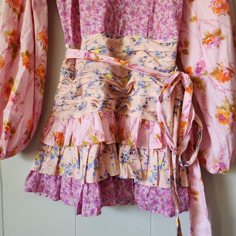 LOVESHACKFANCY Rina Floral Print Ruffled Mini Dress, Exploded Pink Size 00