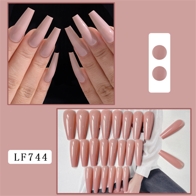 Coffin Long Press-On False Nail Fashionable Nude Color Glossy Manicure 24pcs