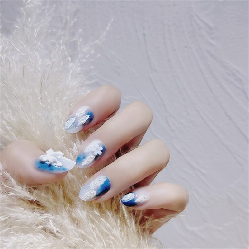 Blooming Blue Pearl False Nail Medium Almond Press on Nails for Nails Art 24pcs