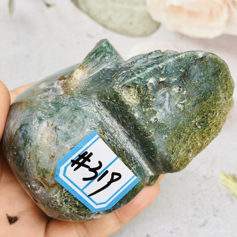 0.423kg moss agate skull Home decoration products crystal