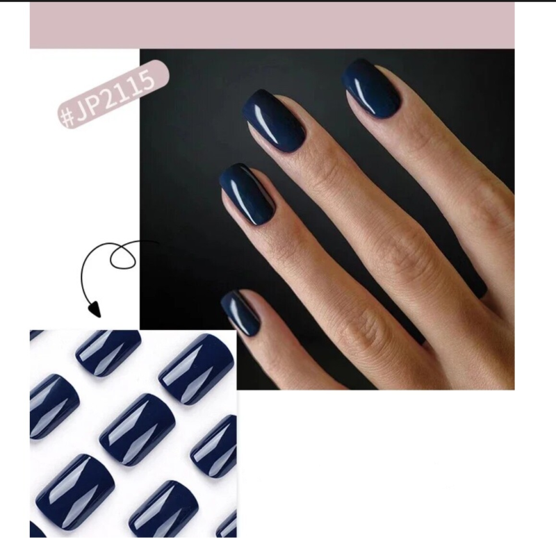 24 Press On False Nails Sticky Tabs Reusable Mid Length Square Tips FULL COLOUR