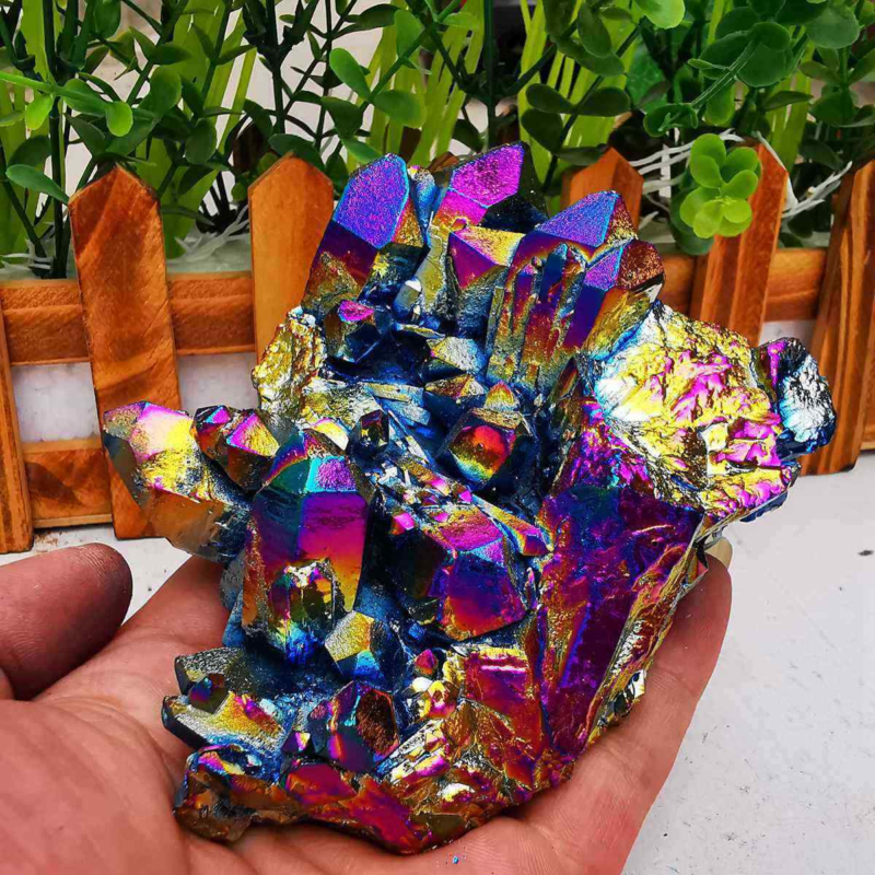 380gColor Flame Aura Electroplate Quartz Crystal Cluster Specimen Healing Stone