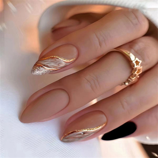 French Blooming Winter False Nail Short Almond Press on Nails for Nail Art 24pcs