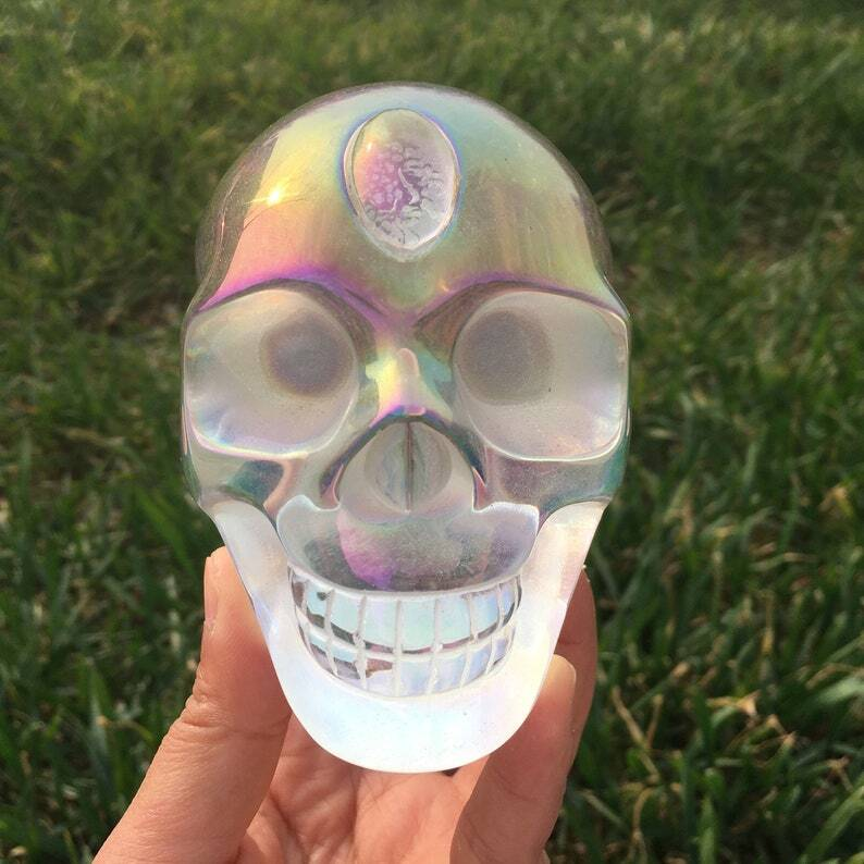 Rainbow Titanium Aura Clear Melting Stone Skull Reiki Heal Crystal sculpture