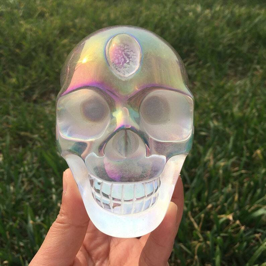 Rainbow Titanium Aura Clear Melting Stone Skull Reiki Heal Crystal sculpture