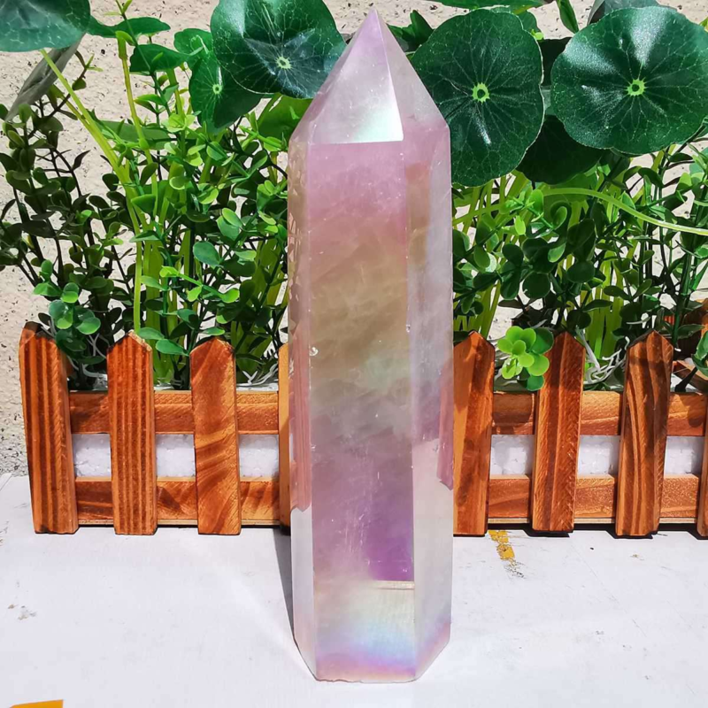 785g electroplated natural pink rose quartz obelisk rainbow crystal point reiki