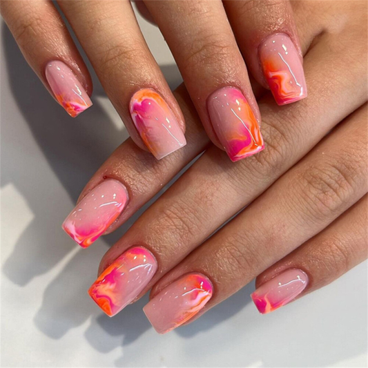 Warm Color Blooming False Nail Medium Square Press on Nails for Nail Art 24pcs
