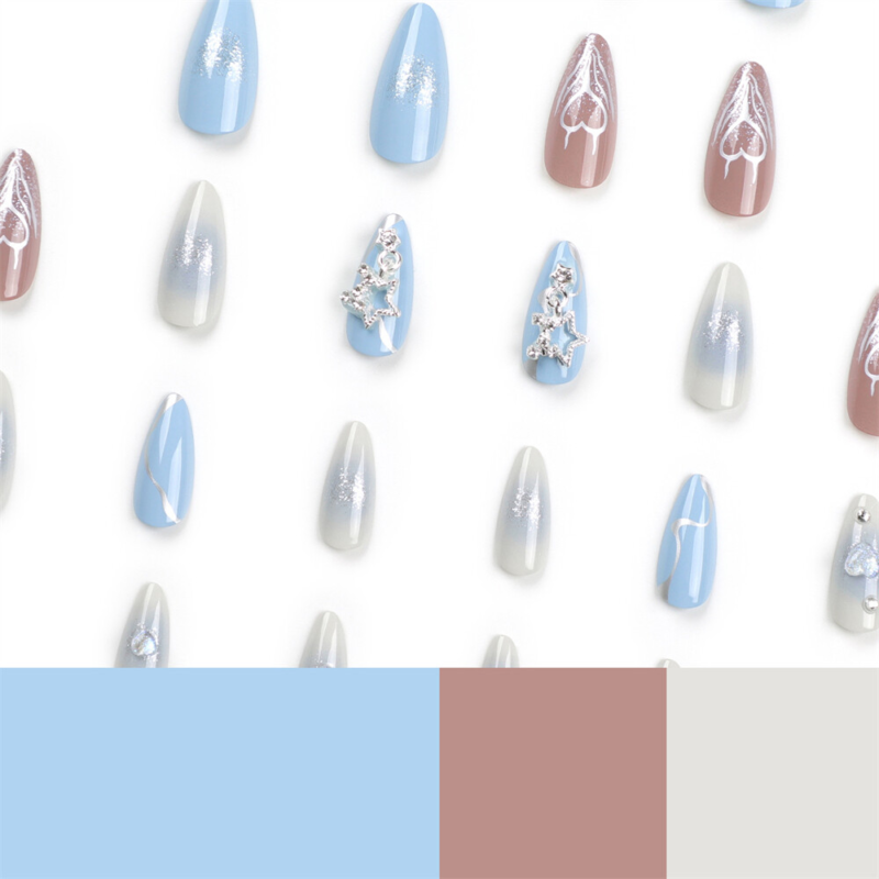 Blue False Nail with Heart Star Short Almond Press on Nails for Nail Art 24pcs