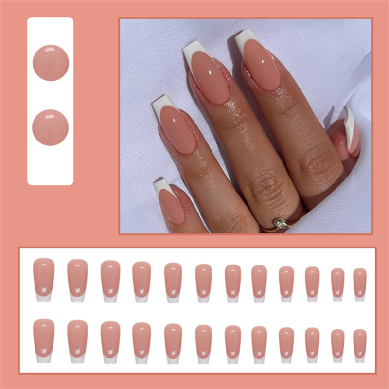 Nude Color French Fake Nail Winter Long Coffin Press on Nails for Nail Art 24pcs