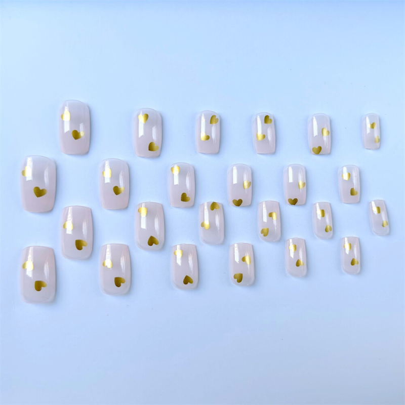 Gold Heart False Nail Nude Color Medium Square Press on Nails for Nail Art 24pcs