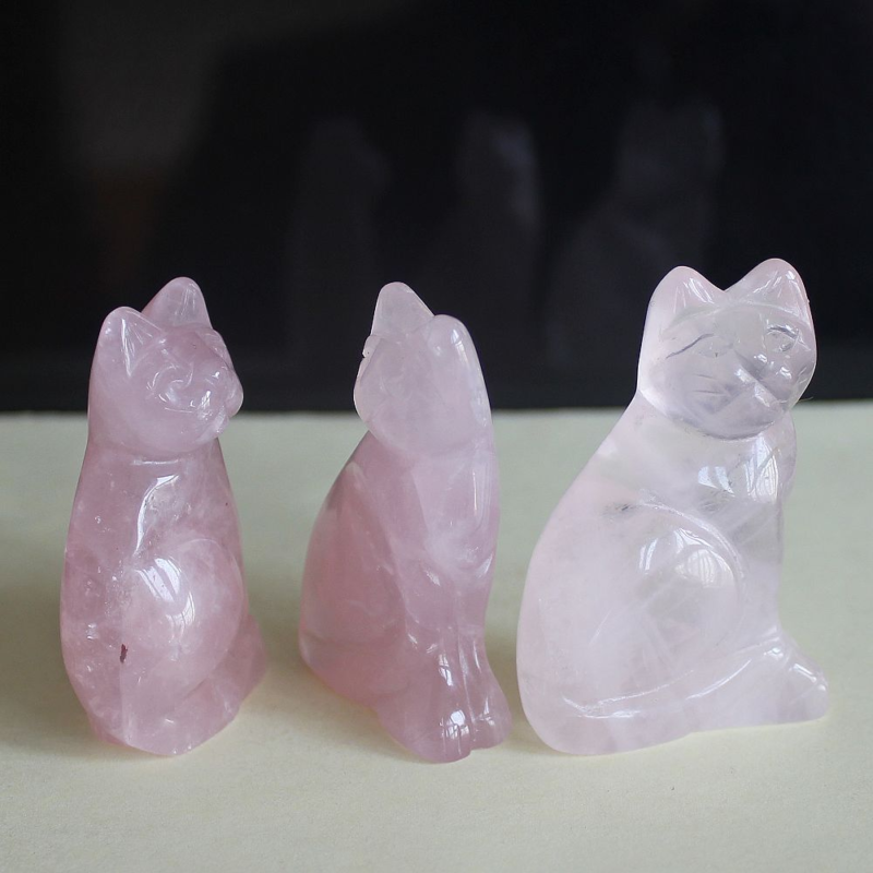 Carved gemstone crystal rose quartz cat figurine animal carving home decor 2&apos;&apos;