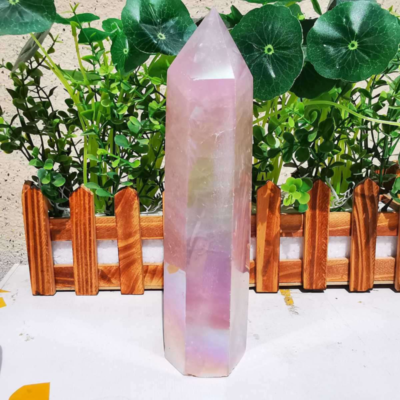 785g electroplated natural pink rose quartz obelisk rainbow crystal point reiki