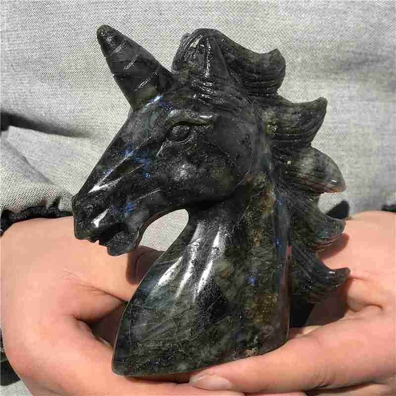 0.42kg Natural Labradorite unicorn carved Quartz Crystal skull Healing