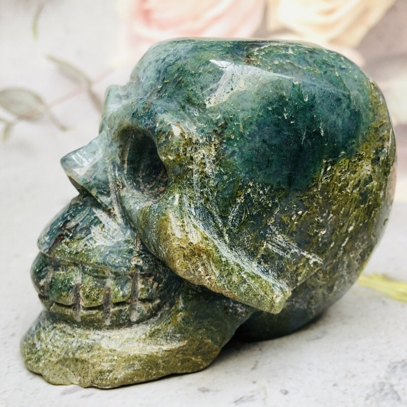 0.423kg moss agate skull Home decoration products crystal