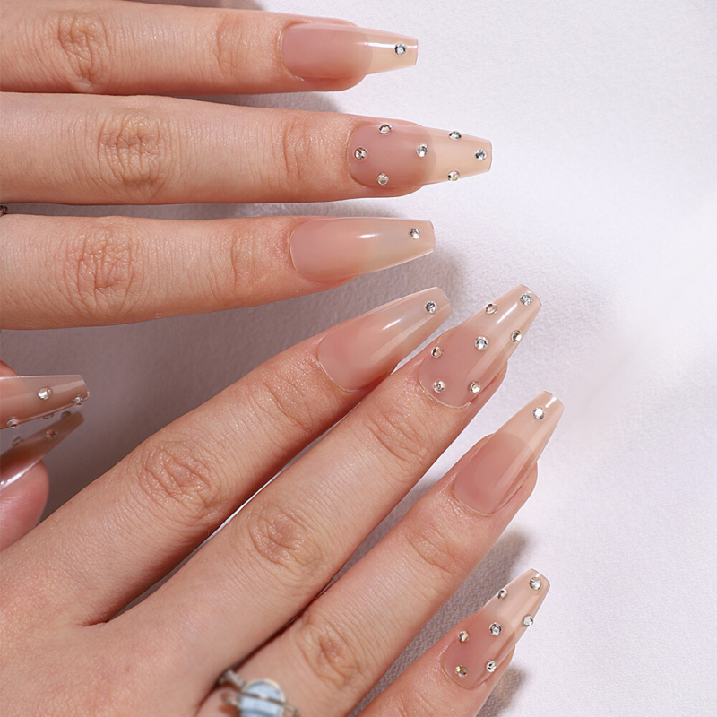 Coffin Long Press-On Fake Nail Sparkling Diamonds Nude Color Manicure 24pcs