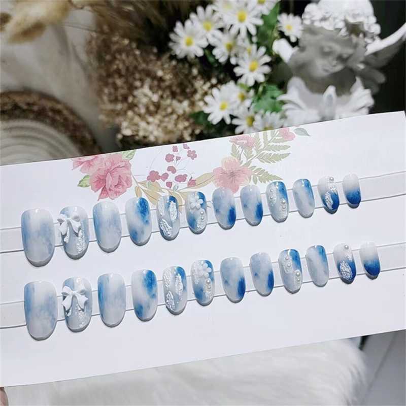 Blooming Blue Pearl False Nail Medium Almond Press on Nails for Nails Art 24pcs