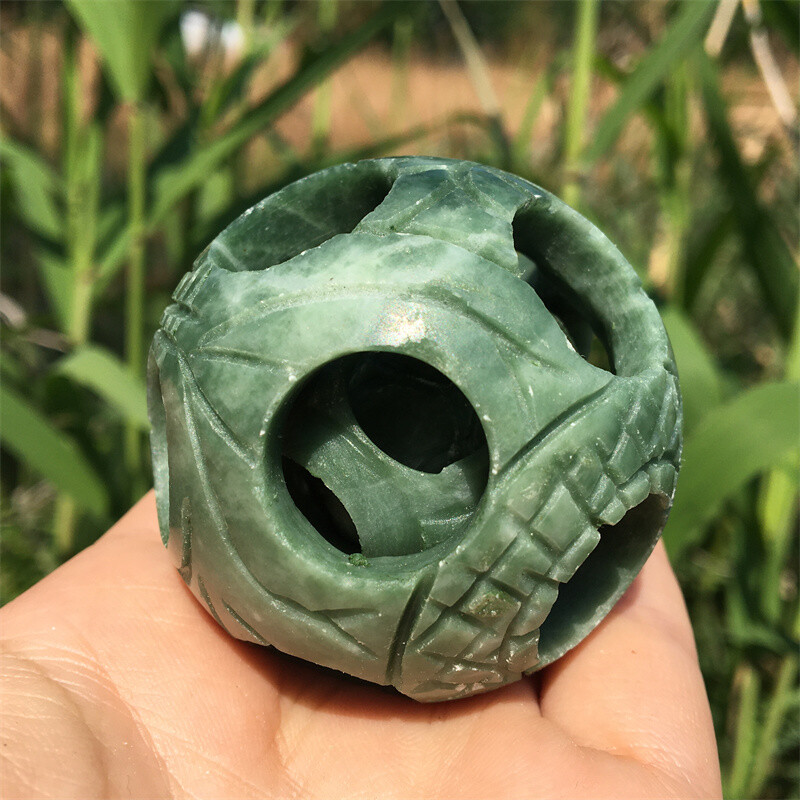 2" Natural green jade Exquisite Carved sphere Quartz Crystal reiki ball care