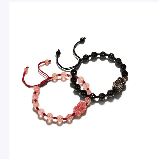 Natural Strawberry Quartz Women's Hand-Knitted Rope Couple's Gold Obsidian Pi Xiu Bracelet Men's and Women's Light Luxury Single Circle Court Bracelet