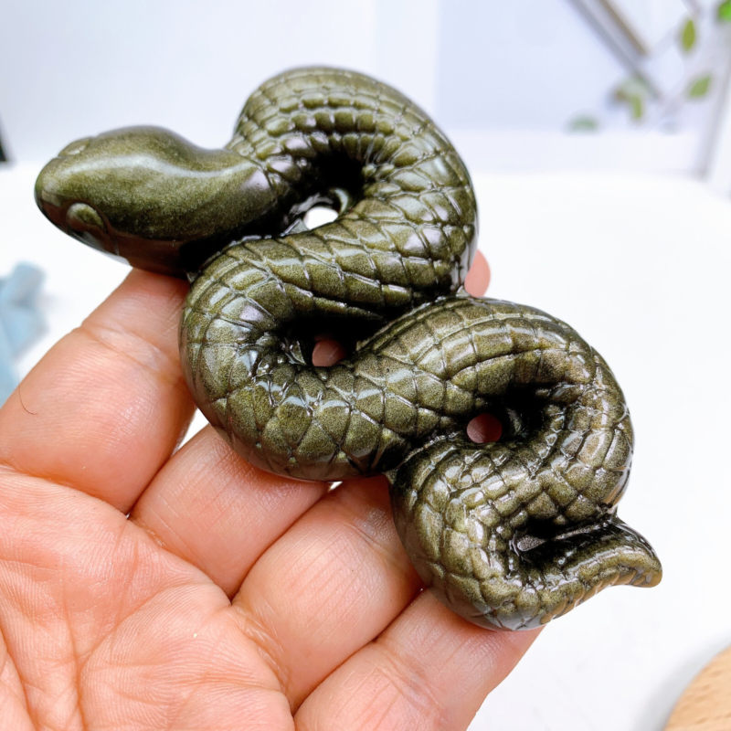 10.5cm Natural Quartz Golden Obsidian Snake Carving Animal Healing Crystal 1pc