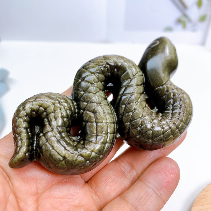 10.5cm Natural Quartz Golden Obsidian Snake Carving Animal Healing Crystal 1pc