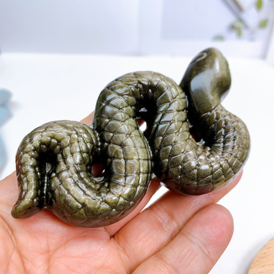 10.5cm Natural Quartz Golden Obsidian Snake Carving Animal Healing Crystal 1pc