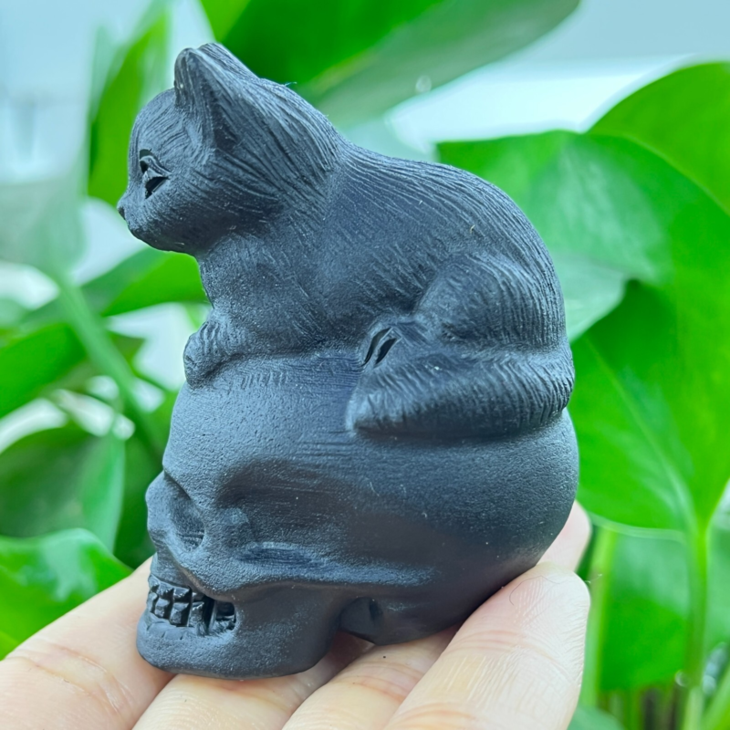 1pc Natural obsidian cat hand carved quartz crystal animal skull Reiki gift 2"