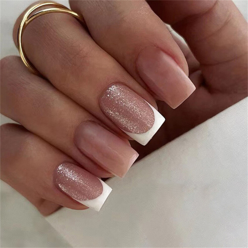 Nude Color Sparkly False Nail Medium Square Press on Nails for Nail Art 24pcs