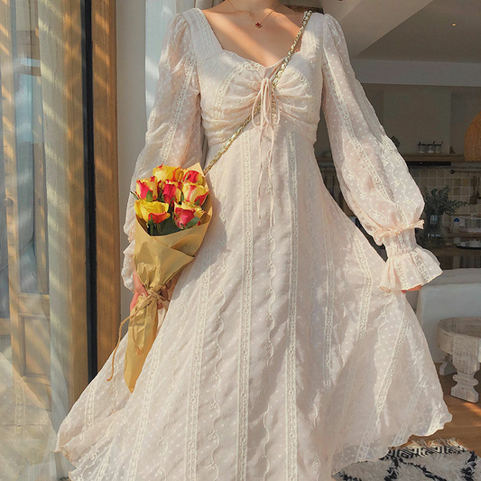 Vintage Fairy Dress Women Elegant Chiffon Dress Long Sleeve French Party Midi